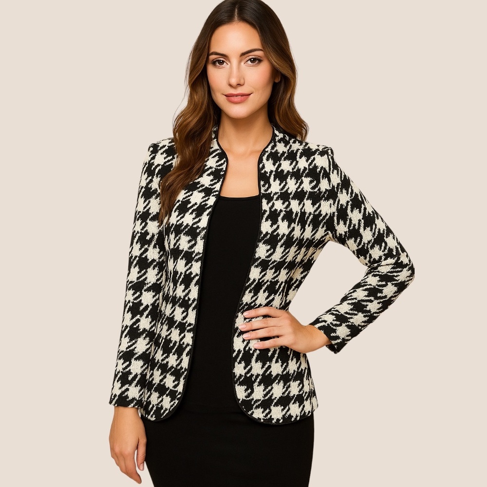 Frank Lyman Black White Houndstooth Open Front Sweater Blazer